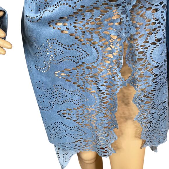 Alberto Makali Light Blue Faux Suede Laser Cut Waterfall Flyaway Cardigan SZ L - Picture 3 of 13